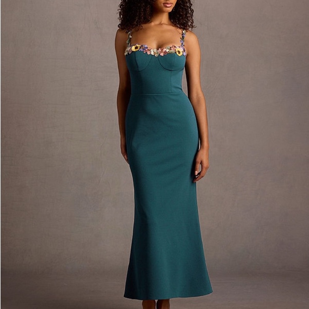 Azazie Atelier Teal Maxi Dress with Floral Accents